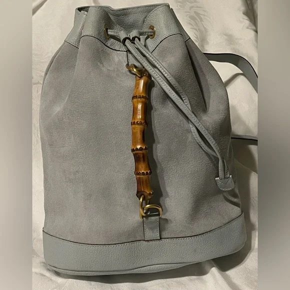 Gucci Bamboo Leather Suede Backpack - Periwinkle Color ?? EUC Vintage Gucci Periwinkle Suede Bamboo Bucket Backpack – Recess main image 4